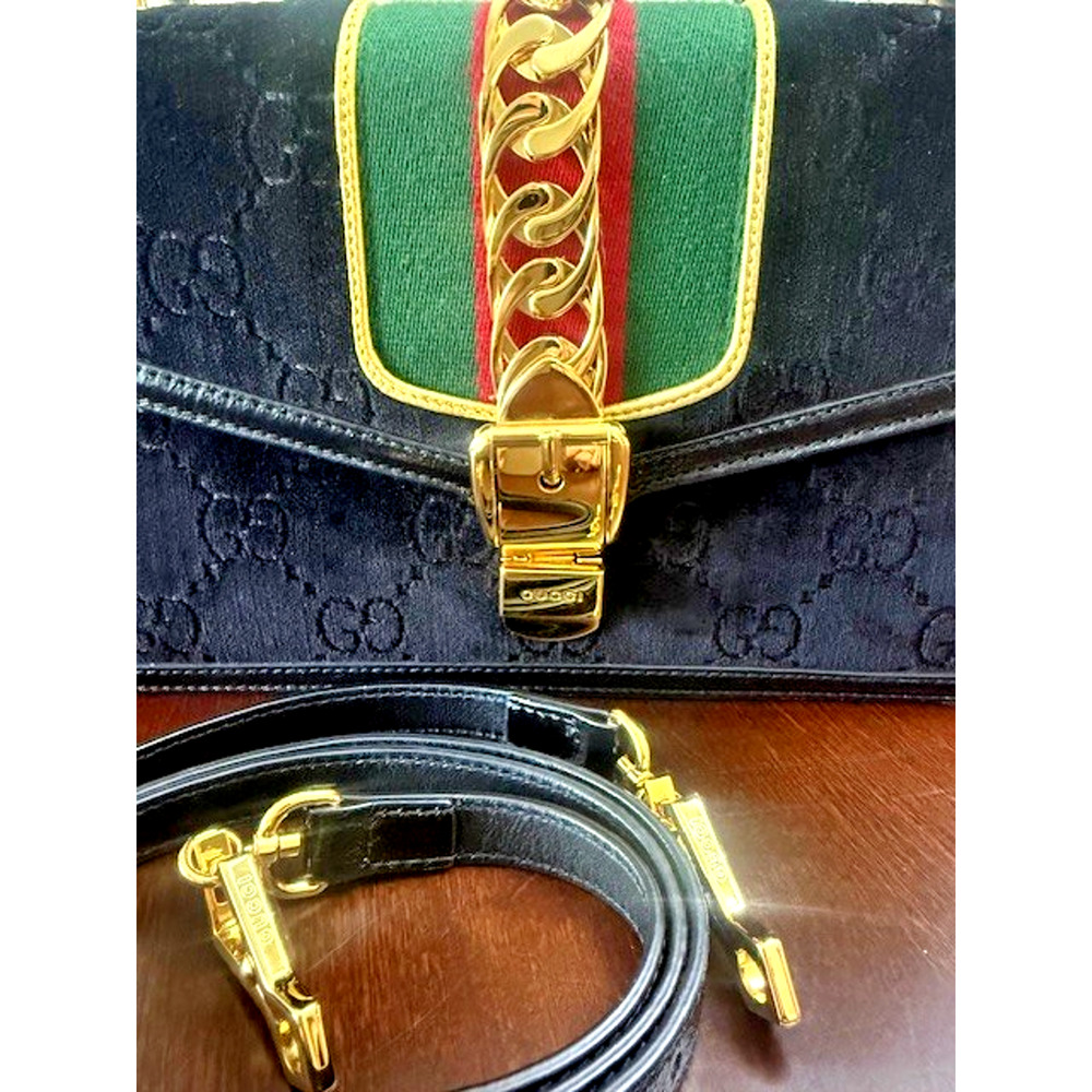 Gucci Black Gold GG Monogram Velvet Sylvie Small Shoulder Crossbody Bag GORGEOUS - Picture 9 of 16